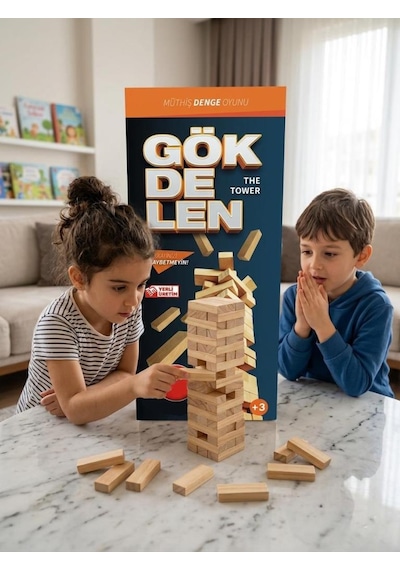 Ahşap Gökdelen Ahşap 54 Parçalı 4 Kişilik Eğitici Ve Zeka Aile Kule Denge Oyunu