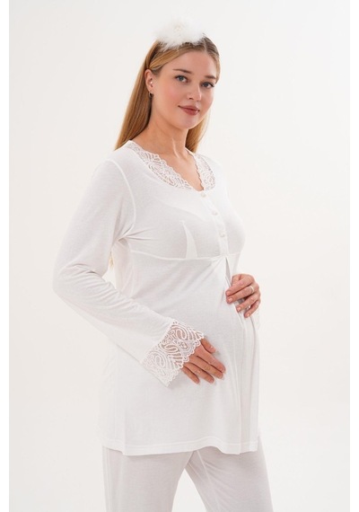 Mecit Pijama Mecit 5808 Bayan Ekru Hamile Lohusa Pijama Takımı