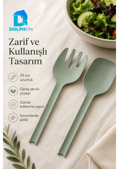 Salata Kaşık Çatal Seti 2 Li Büyük Boy 29 Cm Yeşil Plastik Servis Kaşığı Ve Çatalı