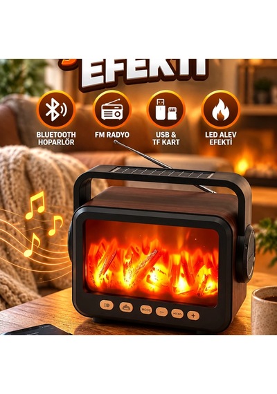 Led Alev Efektli Taşınabilir Bluetooth Hoparlör Fm Radyo, Usb Ve Tf Kart Destekli