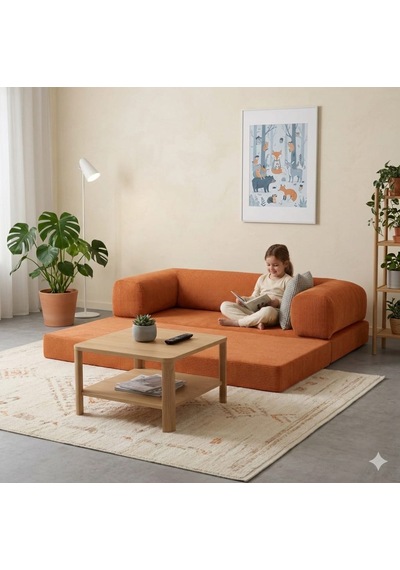 Herev 160x80 Sünger Koltuk İki Kişilik Kanepe Yataklı Yıkanabilir Kadife Kumaşlı Turuncu