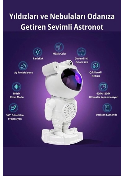 Astronot Bluetooth Hoparlör Bulutsusu Galax Yay Tavan Gökyüzü Projektör Zamanlayıcı Gece Lambası Belirtilmemis