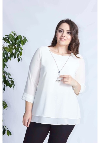 Moda Berray 1934 Kolyeli Şifon Büyük Beden Şık Bluz Ekru Ekru