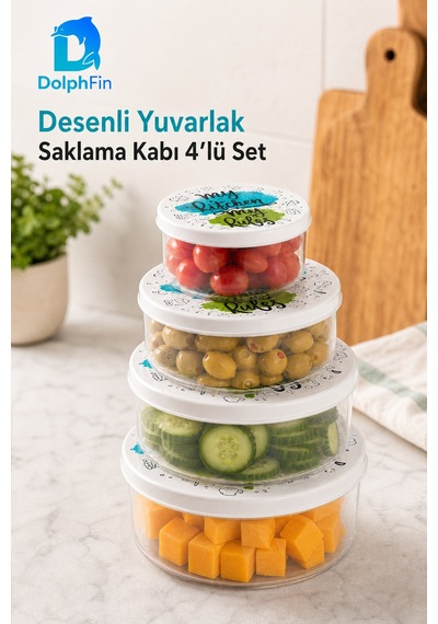 Desenli Yuvarlak Saklama Kabı 4'lü Set Siyah 13 13 6,5 Cm