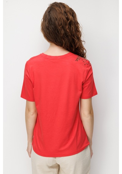 Kadın Sıfır Yaka Tek Omuzu Nakışlı Penye T-shirt Mercan Mercan