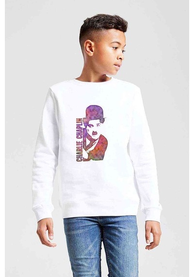 Tshirthane Charlie Chaplin Water Brush Baskılı Unisex Çocuk Beyaz Sweatshir Beyaz