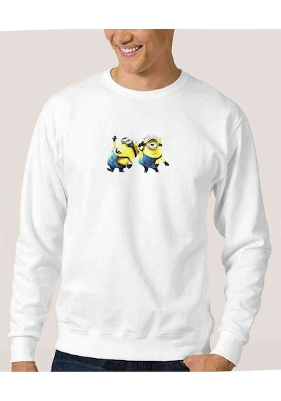 Minionhappy Minions Baskılı Beyaz Erkek Örme Sweatshirt