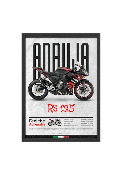 Aprilia Rs 125 Siyah Ahşap Çerçeveli Poster, Dekoratif Motosiklet Duvar Tablosu Çok Renkli