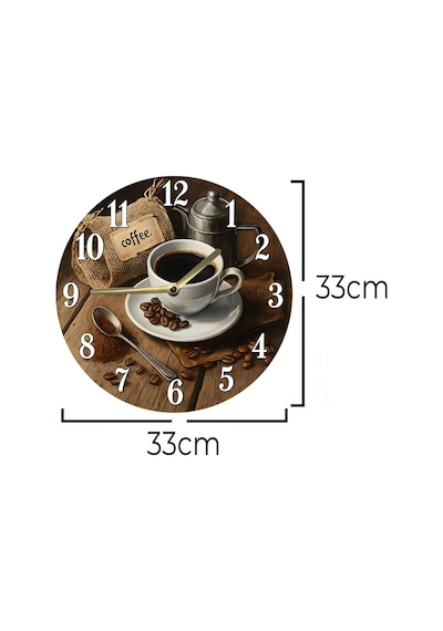 Zamanın Klasik Lezzeti Kahve Temalı Sessiz Yuvarlak Ahşap Duvar Saati, Kuvars Coffe 2d Sdw2012 Renkli