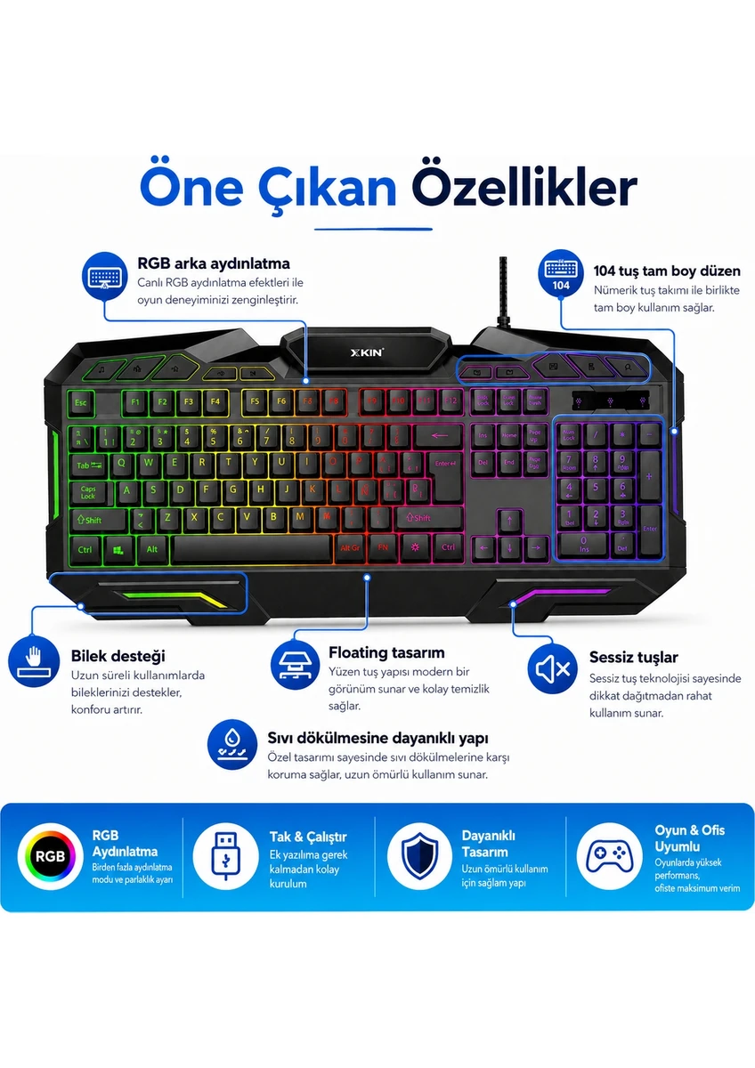 Xkin Xk-kb06 Kablolu Mekanik Rgb Oyuncu Klavyesi 104 Tuş Türkçe Q Siyah