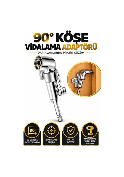 90 Köşe Vidalama Adaptörü 1/4" Bits Uyumlu Matkap Aparatı
