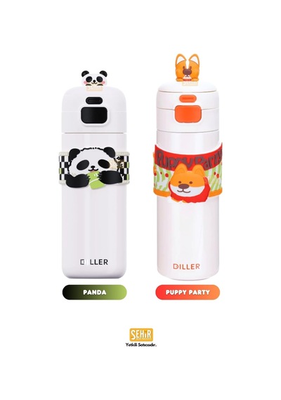 Diller 480ml Sevimli Hayvanlar Süslü Pipetli/pipetsiz El Askılı Paslanmaz Çelik Termos Panda