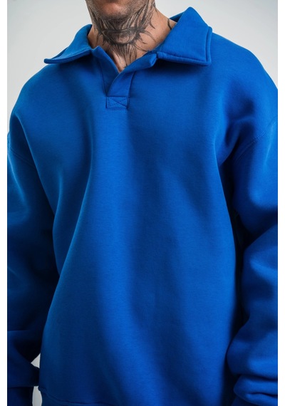 Erkek Patlı Yaka Üç İplik Pamuklu Sweatshirt Double Oversize Rahat Kalıp Günlük Kullanım - Mavi Mavi