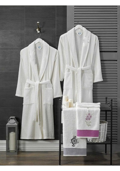 4 Parça Aile Bornoz Seti Kadın Erkek Havlulu Bornoz Takımı Beyaz Set - Mh01170 1 Çok Renkli