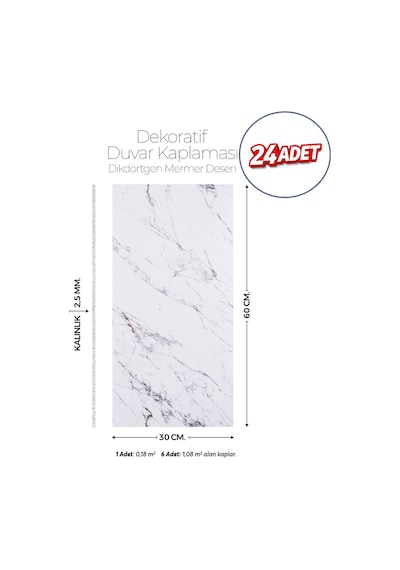 30x60 Cm Kendinden Yapışkanlı Duvar,banyo,tezgah Arası Mermer Desen -24 Adet 30 X 60 Cm