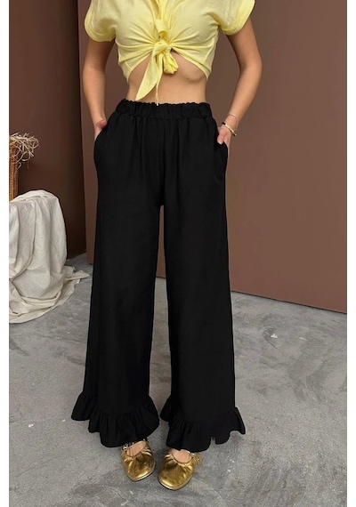 Defymoda Siyah Paçası Fırfırlı Keten Pantolon Siyah