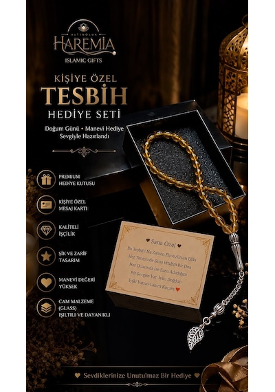 Özel Kutulu Cam Tesbih 33 Lük Kişiye Özel Notlu Hediyelik Sarı Yeşil