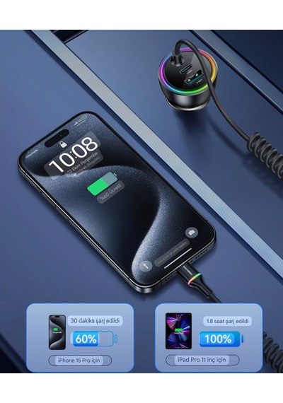 70w Yaylı Şarj Kablolu 3 Girişli Type-c Ve Usb Hızlı Ce Lisanslı