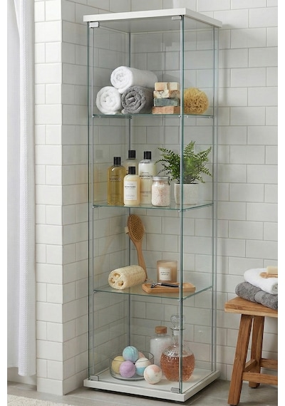 Cam Raflı Kapaklı Düzenleyici Banyo Dolabı Çok Amaçlı Lavabo Malzeme Dolap Havluluk Organizer Beyaz-3raf