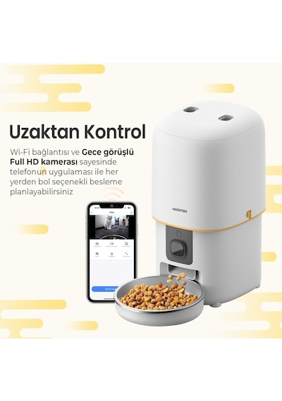 Pf05 Beyaz Kameralı 1080p Fhd Gece Görüş Akıllı Otomatik Kedi Mama Kabı, Tuya App-wifi Uzaktan Kontrol, Sesle Çağırma, 2.4ghz-5ghz, 4lt Hazne, Metal Kase
