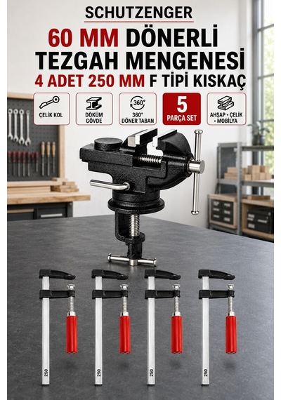 60mm Dönerli Tezgah Atölye Mengene Ve 4 Adet 250mm Kıskaçlı Mengene