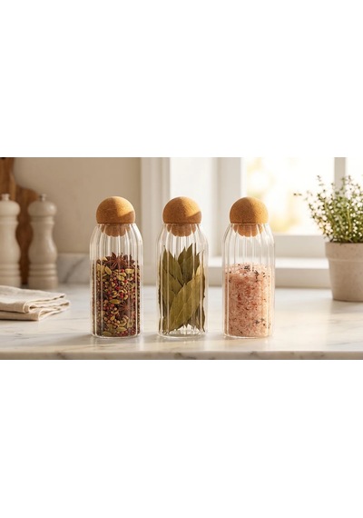 3lü Top Mantar Kapaklı Çizgili Desen Kavanoz 1000ml Cam