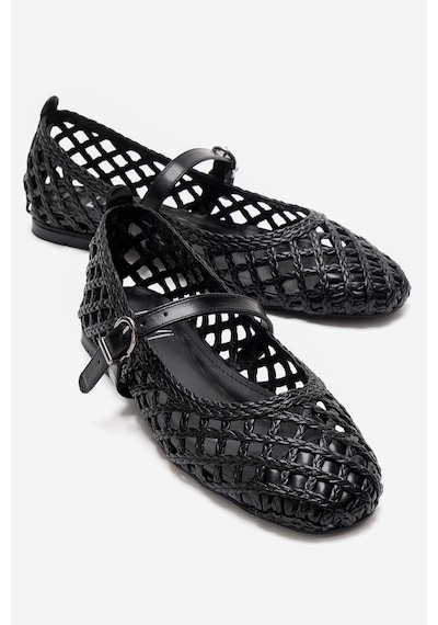 Luvishoes Doux Siyah Örgü Dokulu Bant Detaylı Kadın Babet Ayakkabı Siyah