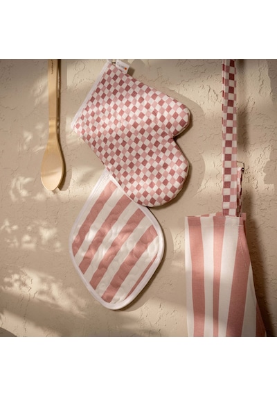Soft Riga Fırın Eldiveni Ve Tutaç Set - Pembe / Ekru - 17x28 Cm + 20x20 Cm Renkli