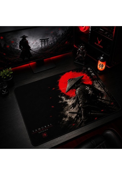 Baskılı Dijital Tasarımlı Oyuncu Mouse Pad, Kaymaz Taban, Dikişli Gaming Mouse Pad Samurai 50x40 Cm