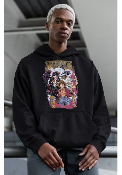 Sevbano One Piece Karakterler Monkey D. Luffy Baskılı Unisex Oversize Ani Siyah