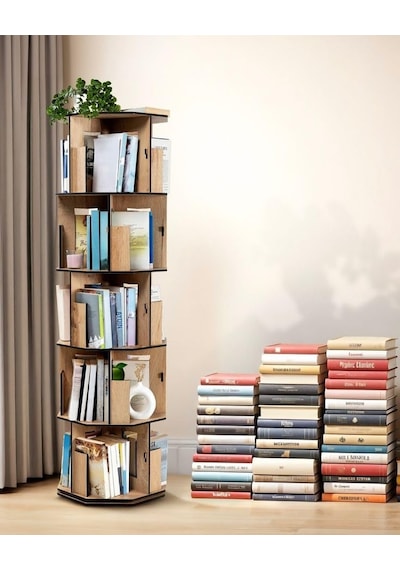 Vigo Wood 360 Döner Kitaplık Modern Ve Dekoratif Çok Katmanlı Ahşap Kitap Ve Dergi Rafı Meşe, 5 Raflı Abanoz - Beyaz Vigo Wood 360 Döner Kitaplık Modern Ve Dekoratif Çok Katmanlı Ahşap Kitap Ve Dergi Rafı Meşe, 5 Raflı Abanoz - Beyaz