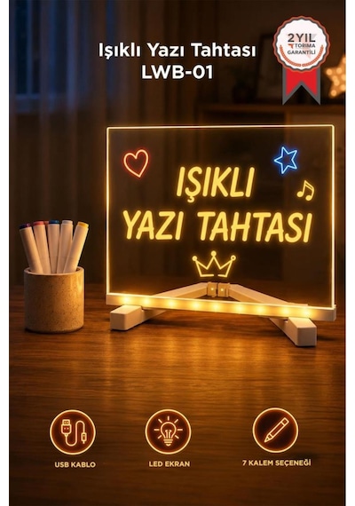 Led Işıklı Çizim Boyama Tahtası 7 Adet Kalem Hediyeli Neon Işıklı Eğitici Not Tahtası Lwb01 Şeffaf