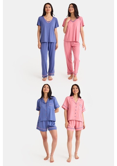 Amarelle Dream Mavi/pembe Dantel Detaylı Uzun Ve Şortlu Önden Düğmeli 8 Parça Pijama Takım Set Mavi/pembe