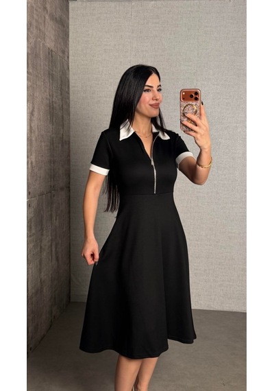 Etiler Collection Kadın Polo Yaka Fermuar Detaylı Modal Midi Elbise Siyah