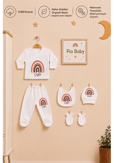 Pia Baby Kız Bebek 5'li Zıbın Seti %100 Pamuk İsimli Kişiye Özel Organik Baskılı 1002z0x Krem
