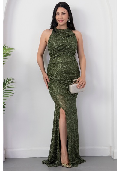 Kalopya Halter Yaka Yırtmaçlı Boncuklu Elbise 41099 Haki