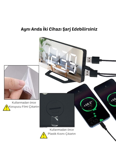 Hpytech Led Aynalı Dijital Masa&duvar Saati Sessiz, Termometre, Usb Şarj,alarm Modern Şık Tasarım