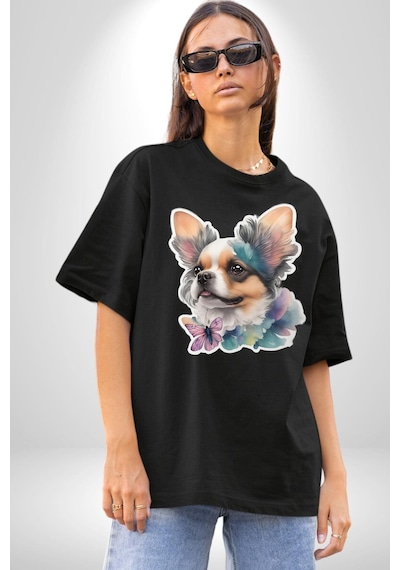 Chihuahua Köpek Pamuklu Bisiklet Yaka Unisex Oversize Boyfriend Dijital Baskılı Siyah T-shirt Siyah