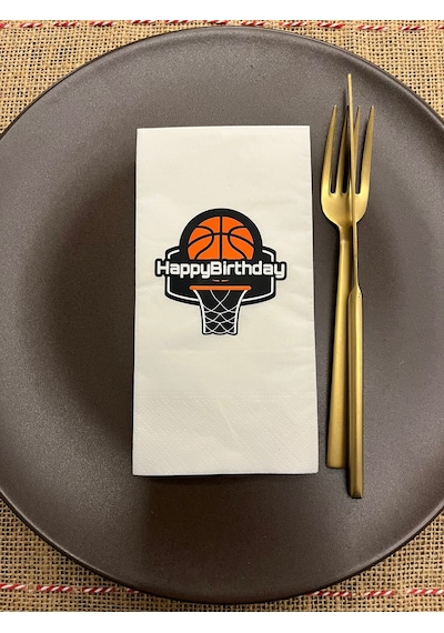 Basketbol Temalı Happy Bırthday Baskılı Sunum Peçetesi Beyaz 16 Adet