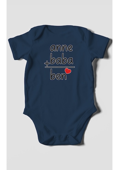Anne Baba Ve Ben Baskılı Bebek Zıbını Çıtçıtlı Body %100 Pamuk Kısa Kol Lacivert