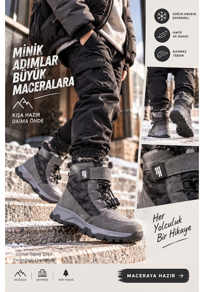 Muggo Tundy İçi Kürklü Cırtlı Ve Bağcıklı Unisex Çocuk Kar Botu Gri