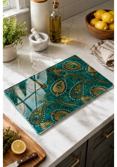 Gökçeoğlu Cam Kesme Tahtası Tavus Kuşu Temalı - Cam Kesme Tablası 20cm X 30cm Çok Renkli