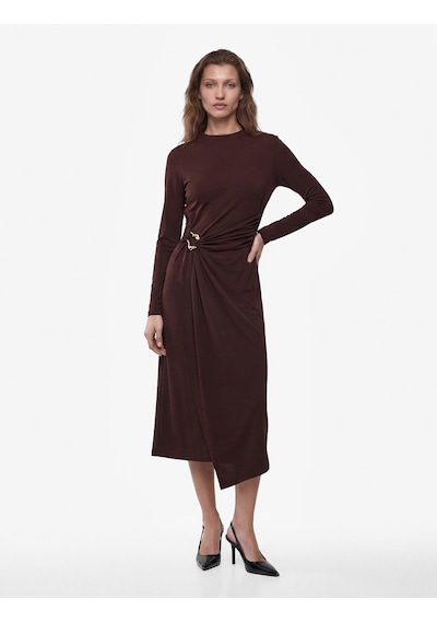 Koton Koton X Sibil Çetinkaya - Uzun Kollu Dik Yaka Metal Aksesuarlı Slim Fit Maxi Elbise Kahverengi 7wak80008fk Kahve