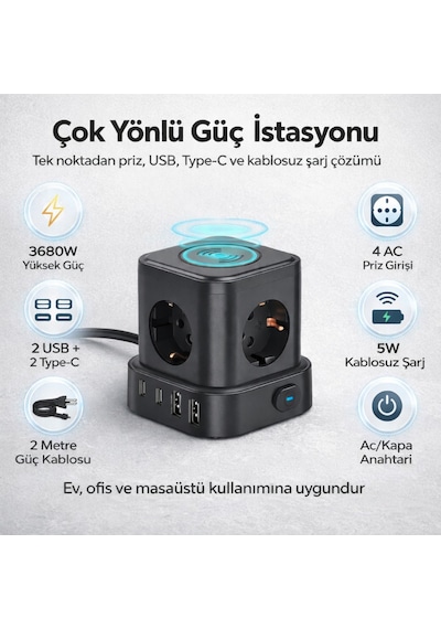 4'lü Priz Küp Çoklayıcı 2 Usb 2 Type-c 5w Kablosuz Şarjlı 2 Metre Kablolu Akım Korumalı Priz 1 - 3 M