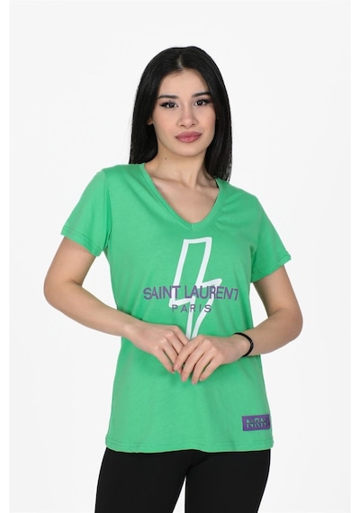Yıldırım Baskılı V Yaka Tshirt Yeşil-yeşil Yeşil