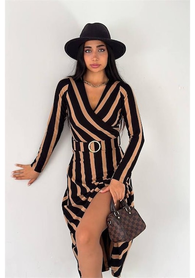Dipmoda Kadın Kemerli Midi Boy Çizgili Elbise Kklf48 Camel