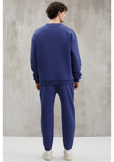 Grimelange Raırok Erkek Içi Polarlı Comfort Oversize Nakışlı Lacivert Sweatshirt
