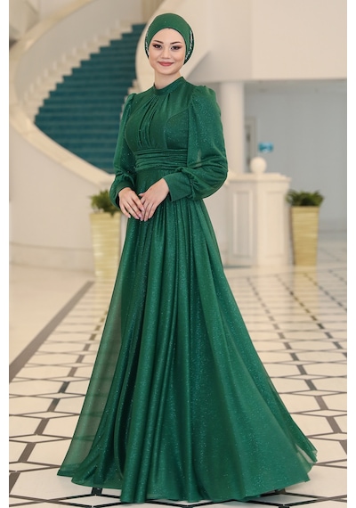 Raika Moda Şık Tasarım Tül Kübra Abiye Zümrüt
