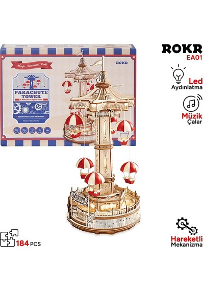 Rokr Ea01 Müzik Kutusu Parachute Tower Music Box Dıy 3d Wooden Puzzle Maket Model Seti 3d Model Kit Detaylı Dekoratif Hobi Seti Ahşap Maket Hareketli Ve Işıklı