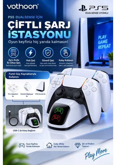 Ps5 Dualsense Uyumlu Çiftli Şarj İstasyonu Hızlı Şarj Standı Led Şarj Göstergeli 1 Adet